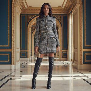 Chained button zip fringe tweed blazer mini dress